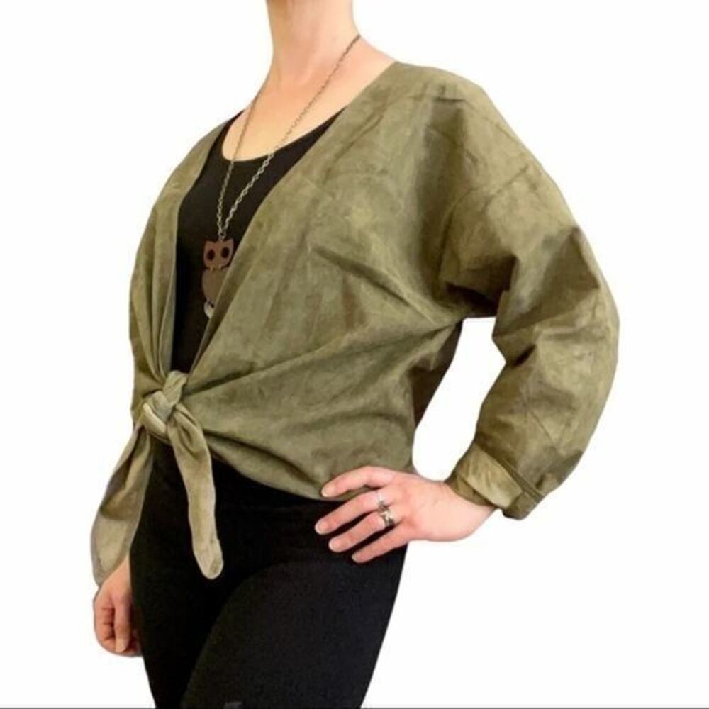 1970s Anne Klein Vintage Olive Green Suede Leather Front Tie Cardigan Jacket